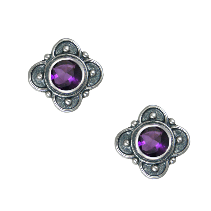 Sterling Silver Pair of Post Stud Earrings With Amethyst